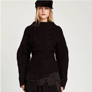 Zara Thick Cable Knit Sweater W/ Contrasting Hem Detail Wool Blend